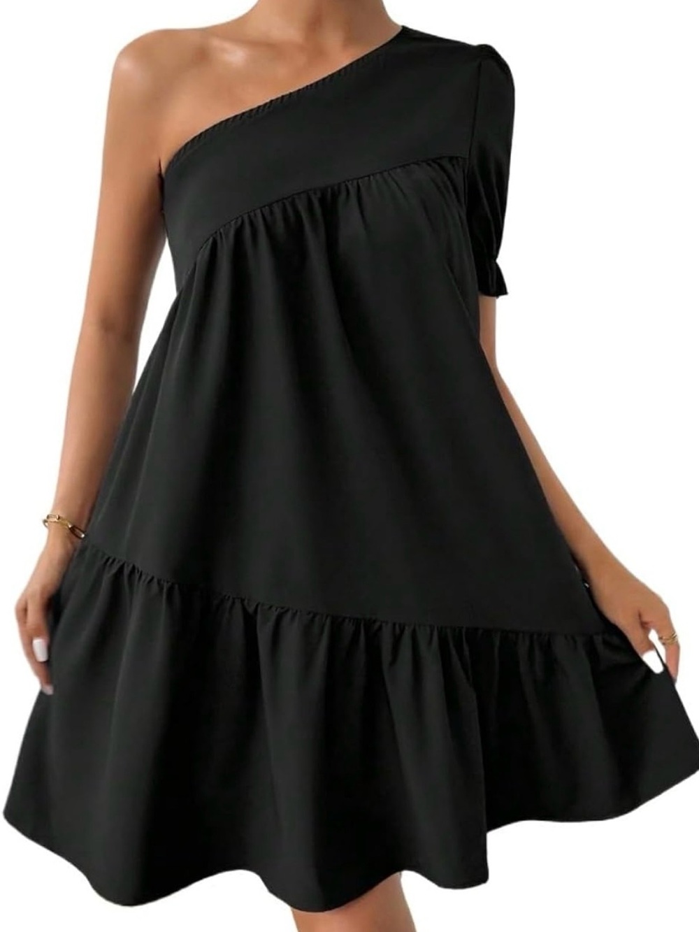 Ruffle hem asymmetrical neck dress One-Shoulder Black Women's Dress